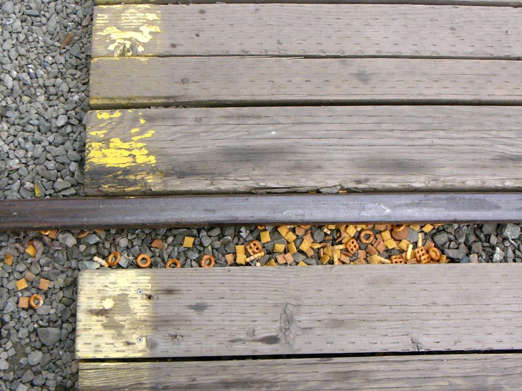 Street car rail and snacks, Rio Vista Junction, California.